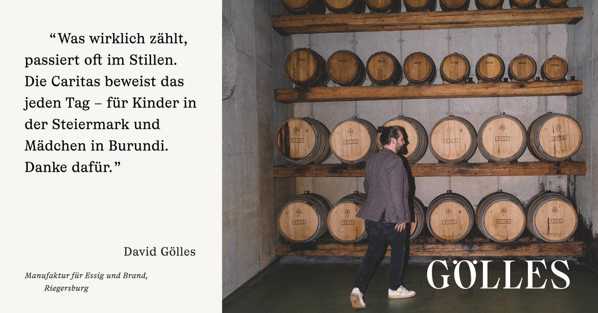 Inserat von Gölles mit David Gölles vor Fässern
