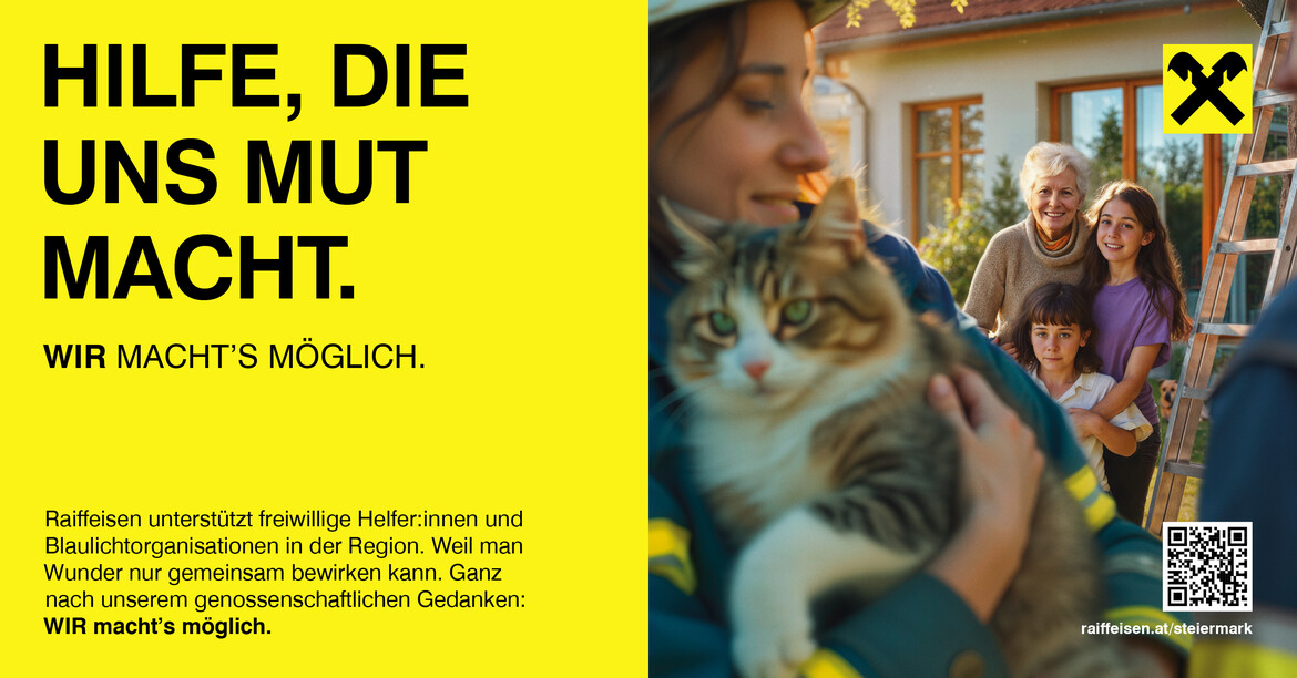Raiffeisen Inserat mit Feuerwehrfrau, die Katze von Dach rettet