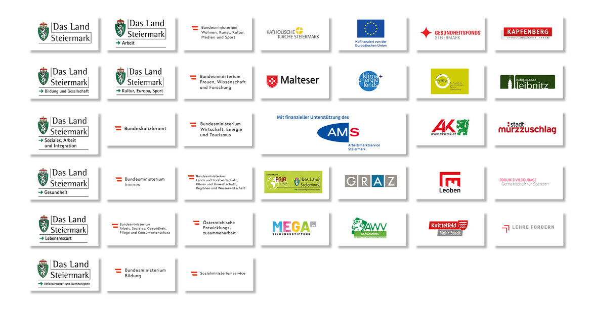 Die Logos der Fördergeber*innen der Caritas Steiermark